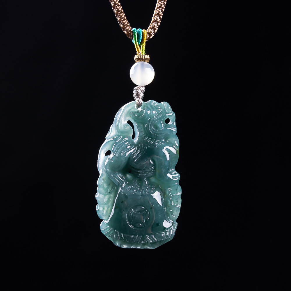 Vintage Fashion Necklace - Burmesischer Jadeit Pixiu Anhänger Designer Edelstein