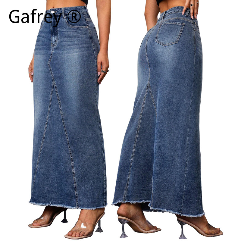 Vintage Fashion Streetwear - Damen Jeansrock in Midi-Länge mit Hoher
