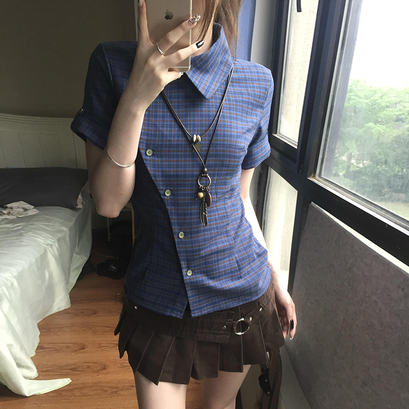Vintage Fashion Tiktok - Y2K Vintage Slim Fit Kariertes Crop-Shirt