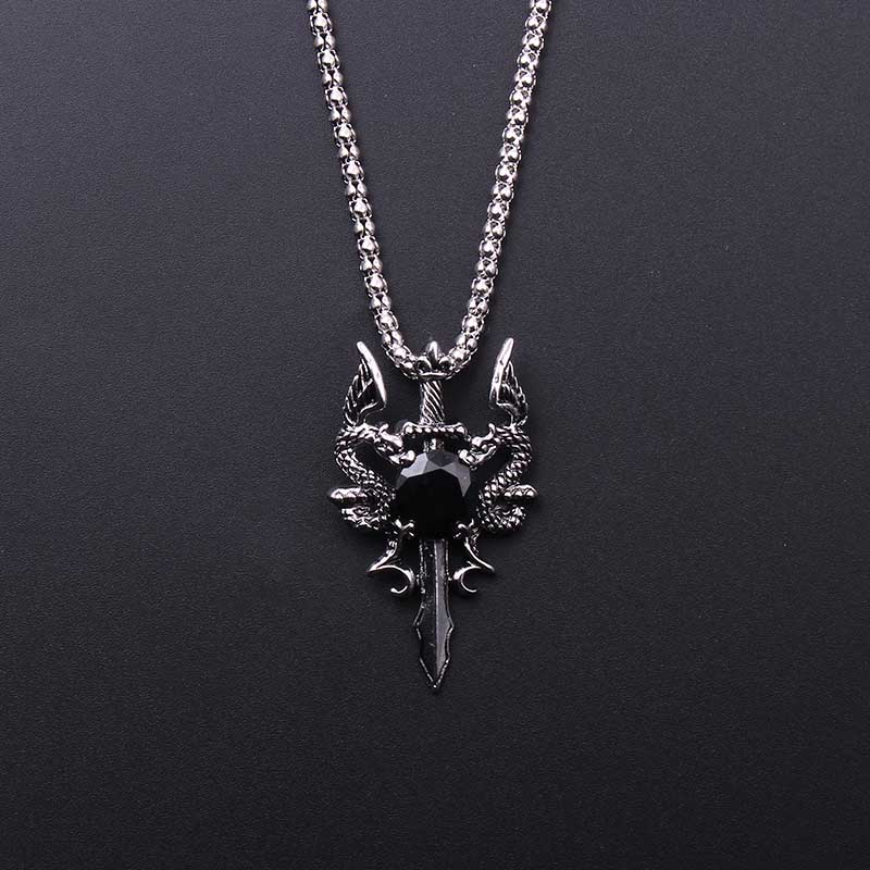 Vintage Fashion Necklace - Doppeldrachen-Halskette mit schwarzem Edelstein, Punk-Stil, personalisierter