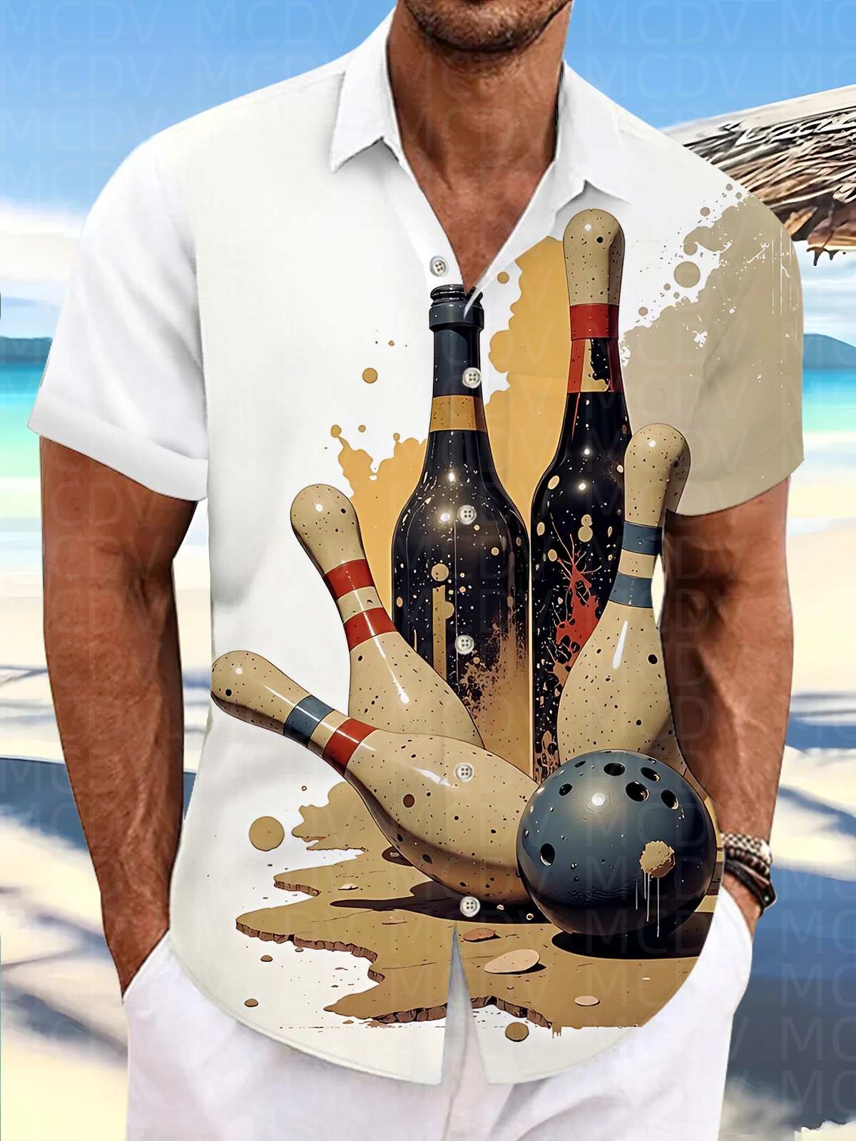 Bowling Shirt Camp - Bowling-Muster Herren Hawaiihemd Dehnbares Pflegeleichtes Camp-Hemd