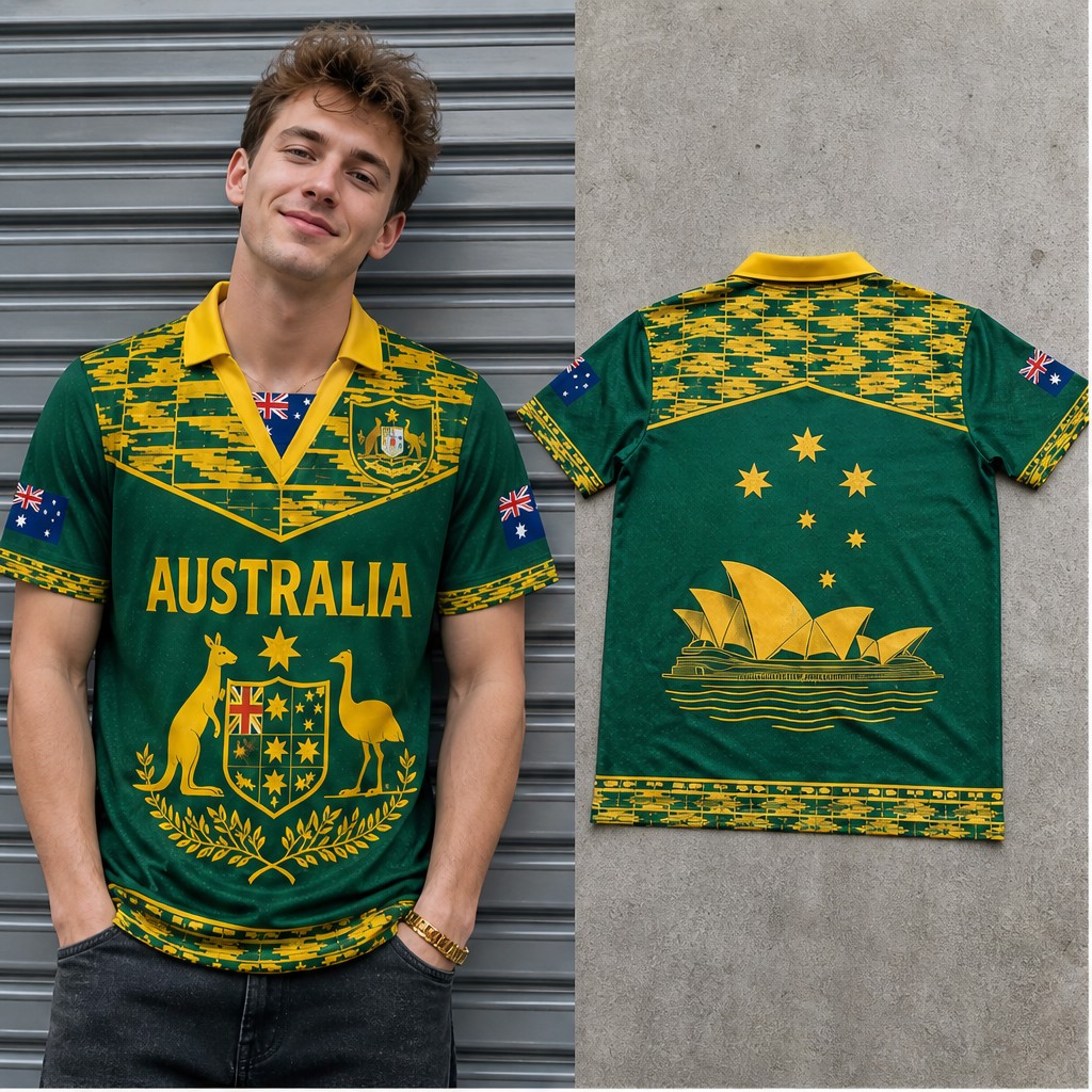 Vintage Fashion Australia - Herren Australien Verziertes Känguru-Emu-Wappen Halbpolo V-Ausschnitt